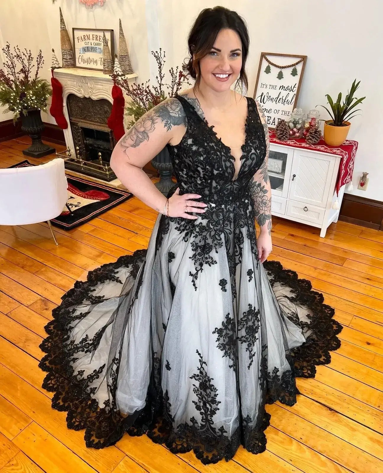 Gothic A Line Black White Wedding Dresses Lace V Neck Sleeveless – MyChicDress Gothic A Line Black White Wedding Dresses Lace V Neck Sleeveless – MyChicDress