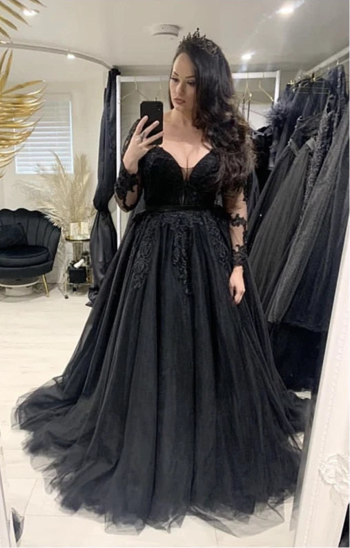 Gothic Long Sleeve Black Wedding Dress Lace V-Neck A Line – MyChicDress
