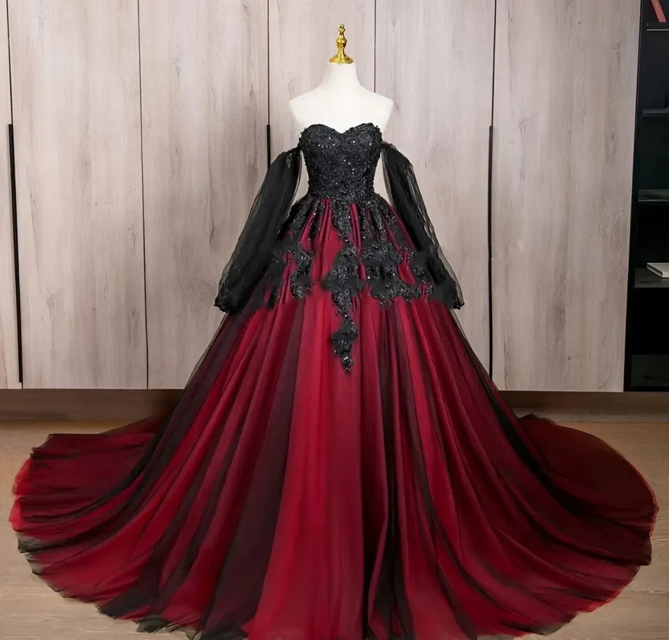 Gothic Red Black Wedding Dress Long Sleeve with Lace Applique Beaded Red Black / US16W Gothic Red Black Wedding Dress Long Sleeve with Lace Applique Beaded Red Black / US16W