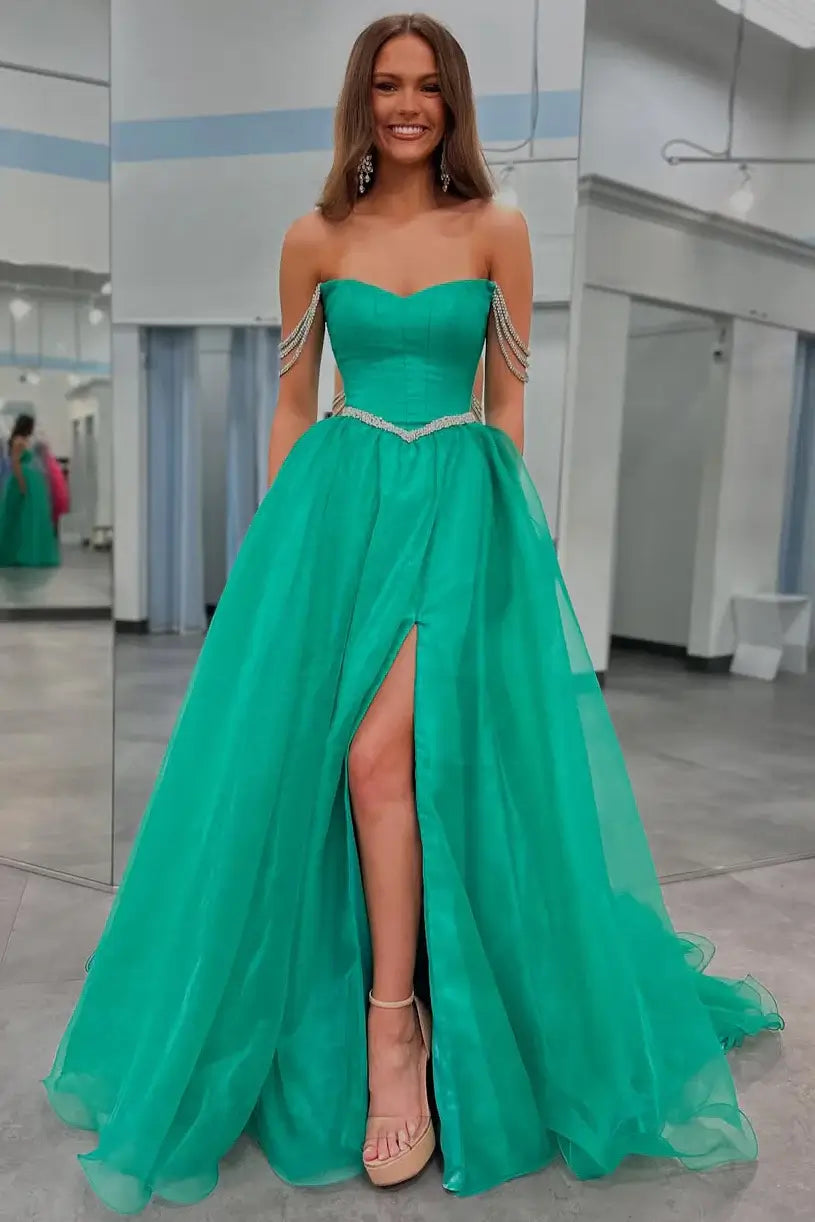 green tulle corset dress Leely Women Sparkly Light Green High-Low Tulle Corset Prom Dress Appliqued Off the Shoulder A-Line Pageant Dress