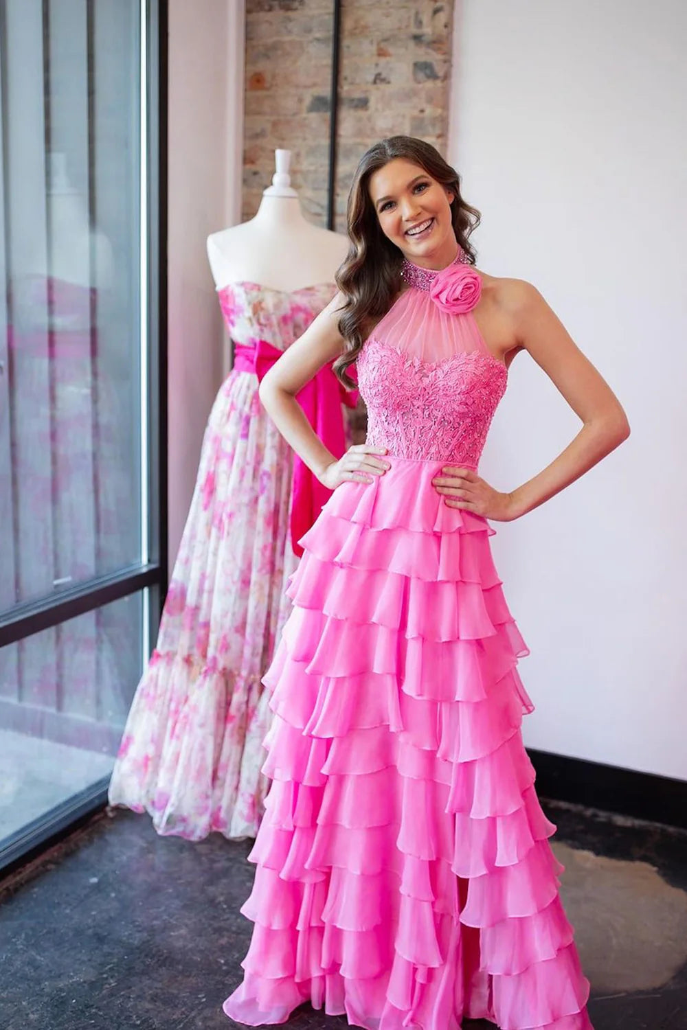 Halter Corset Hot Pink Prom Dresses Appliques Tiered Tulle with Beaded Custom Color / US14W Halter Corset Hot Pink Prom Dresses Appliques Tiered Tulle with Beaded Custom Color / US14W
