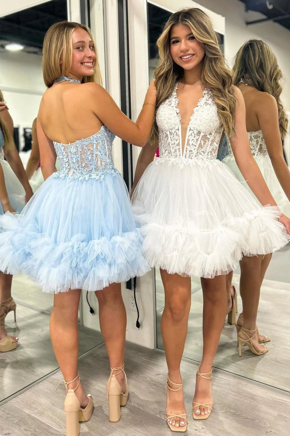 Halter Ruffle Hoco Dress A-Line Tulle Lace Tiered Short Homecoming Dre