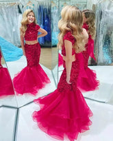 High Neck Red Two Pieces Sequin Girl Pageant Dress Cap Sleeves Mychicdress