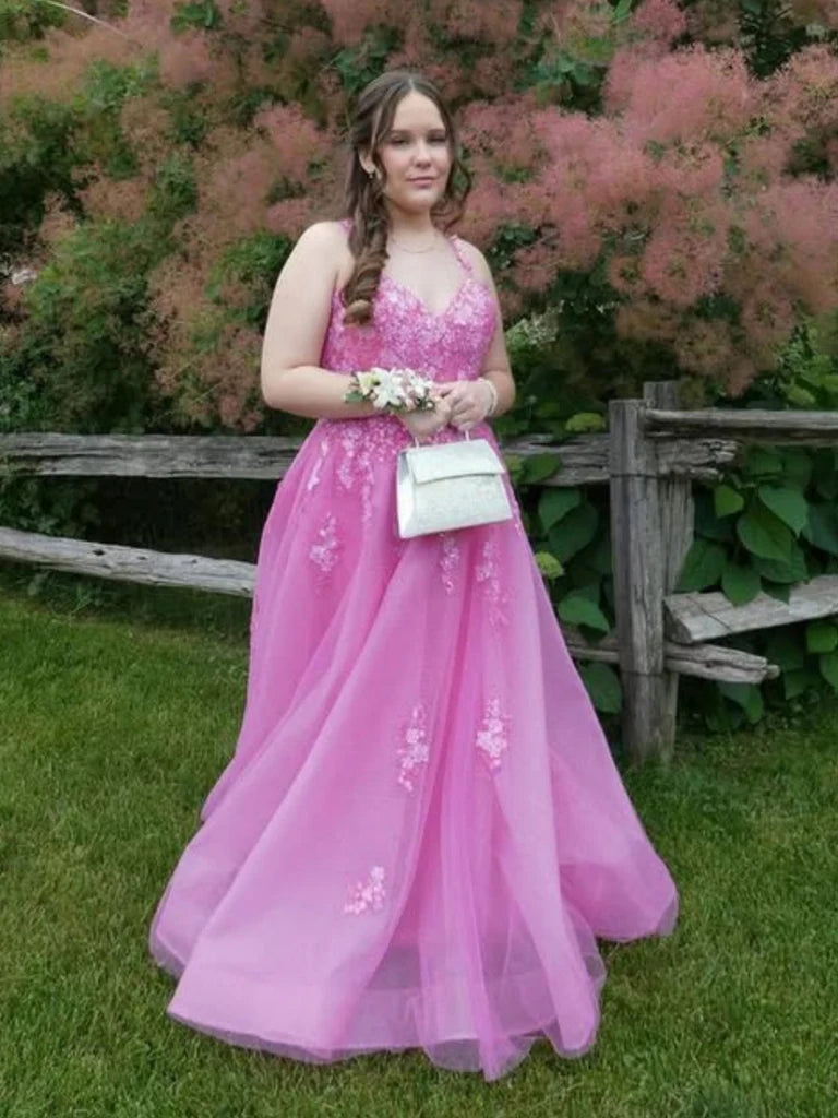 Hot Pink Lace Formal Dress Plus Size V Neck Long Evening Dress UK Custom color / US6 Hot Pink Lace Formal Dress Plus Size V Neck Long Evening Dress UK Custom color / US6