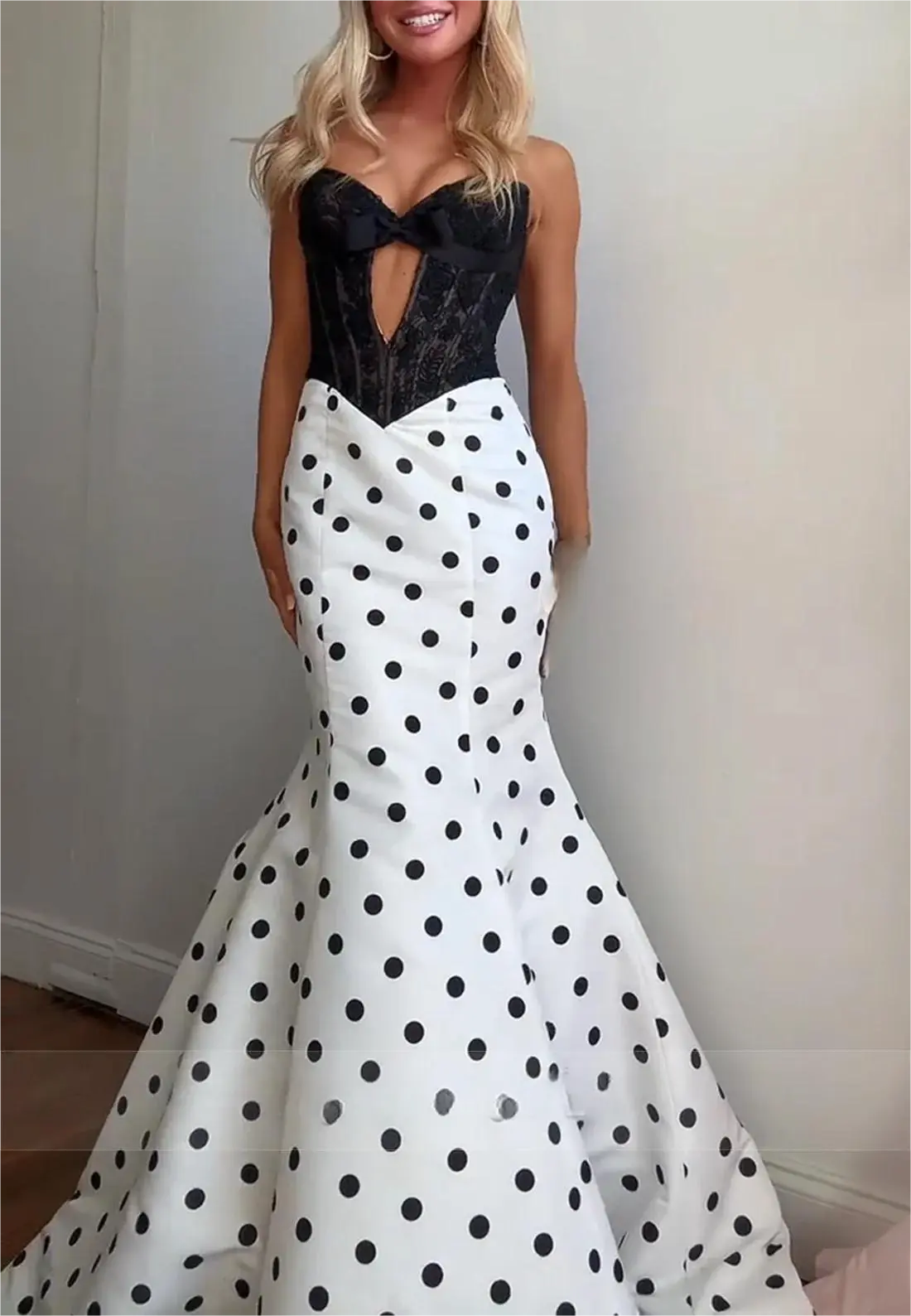 polka dot corset dress Hot Black Polka Dot Corset Prom Dresses Lace Satin Strapless Mermaid Black / US6