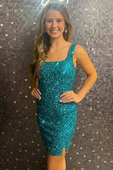 Hot Teal Green Sequin Homecoming Dress Squre Neck for Juniors Mychicdress
