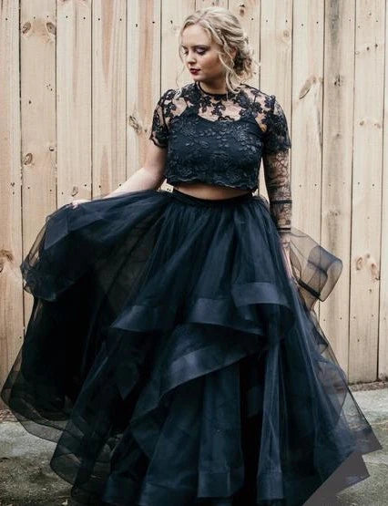 Hot Two Piece Black Wedding Dress Lace Layers Short Sleeves Custom color / US16 Hot Two Piece Black Wedding Dress Lace Layers Short Sleeves Custom color / US16