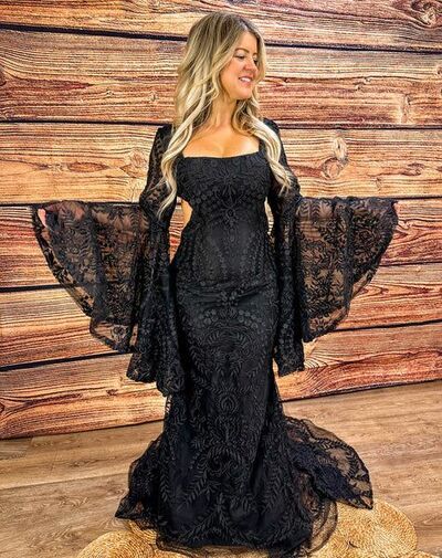 Lace Black Boho Wedding Dress with Bell Sleeves for Whimsical Boho Bride Black / US22W Lace Black Boho Wedding Dress with Bell Sleeves for Whimsical Boho Bride Black / US22W