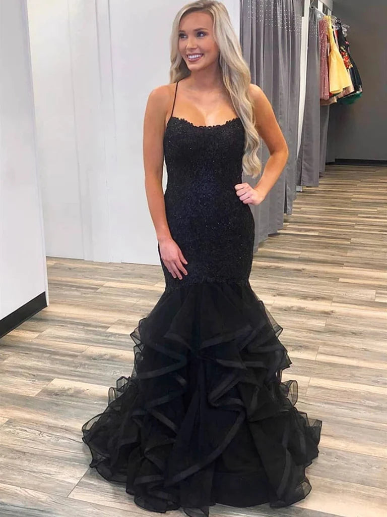 Lace Black Evening Dresses Mermaid Puffy Prom Dress Black / US10 Lace Black Evening Dresses Mermaid Puffy Prom Dress Black / US10
