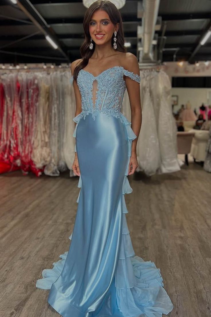Lace Corset Blue Prom Dress Off the Shoulder with Ruffle MyChicDress Lace Corset Blue Prom Dress Off the Shoulder with Ruffle MyChicDress