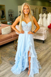 Lace Light Blue Prom Dress Appliques Sweetheart with Chiffon Ruffle