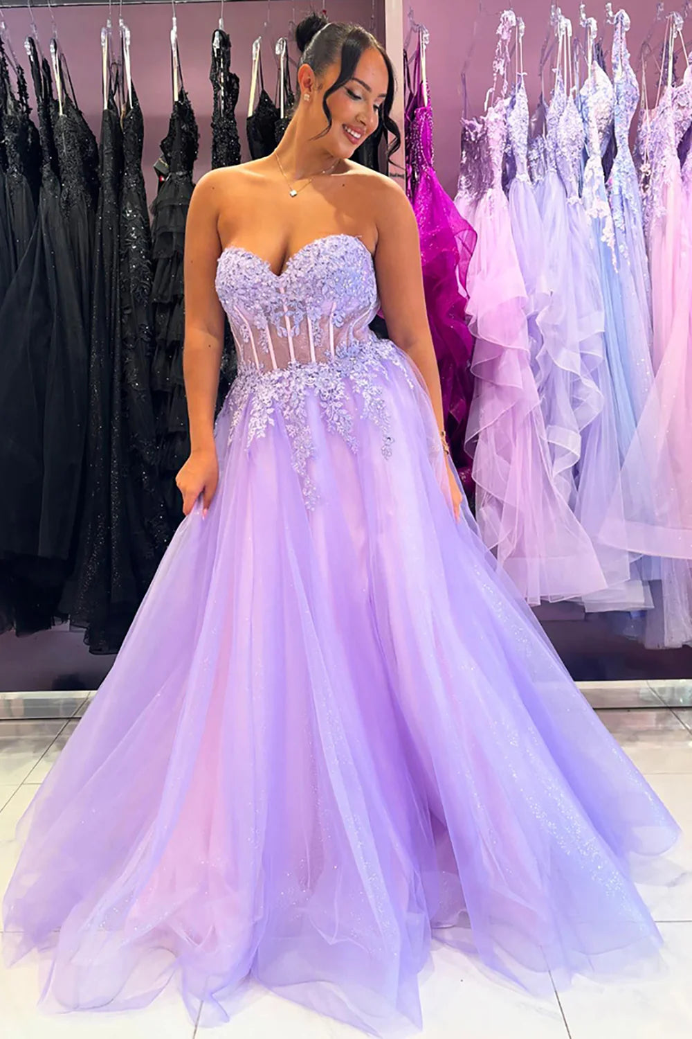 Lace Lilac Prom Dress Corset A Line Appliques Tulle MyChicDress Lace Lilac Prom Dress Corset A Line Appliques Tulle MyChicDress
