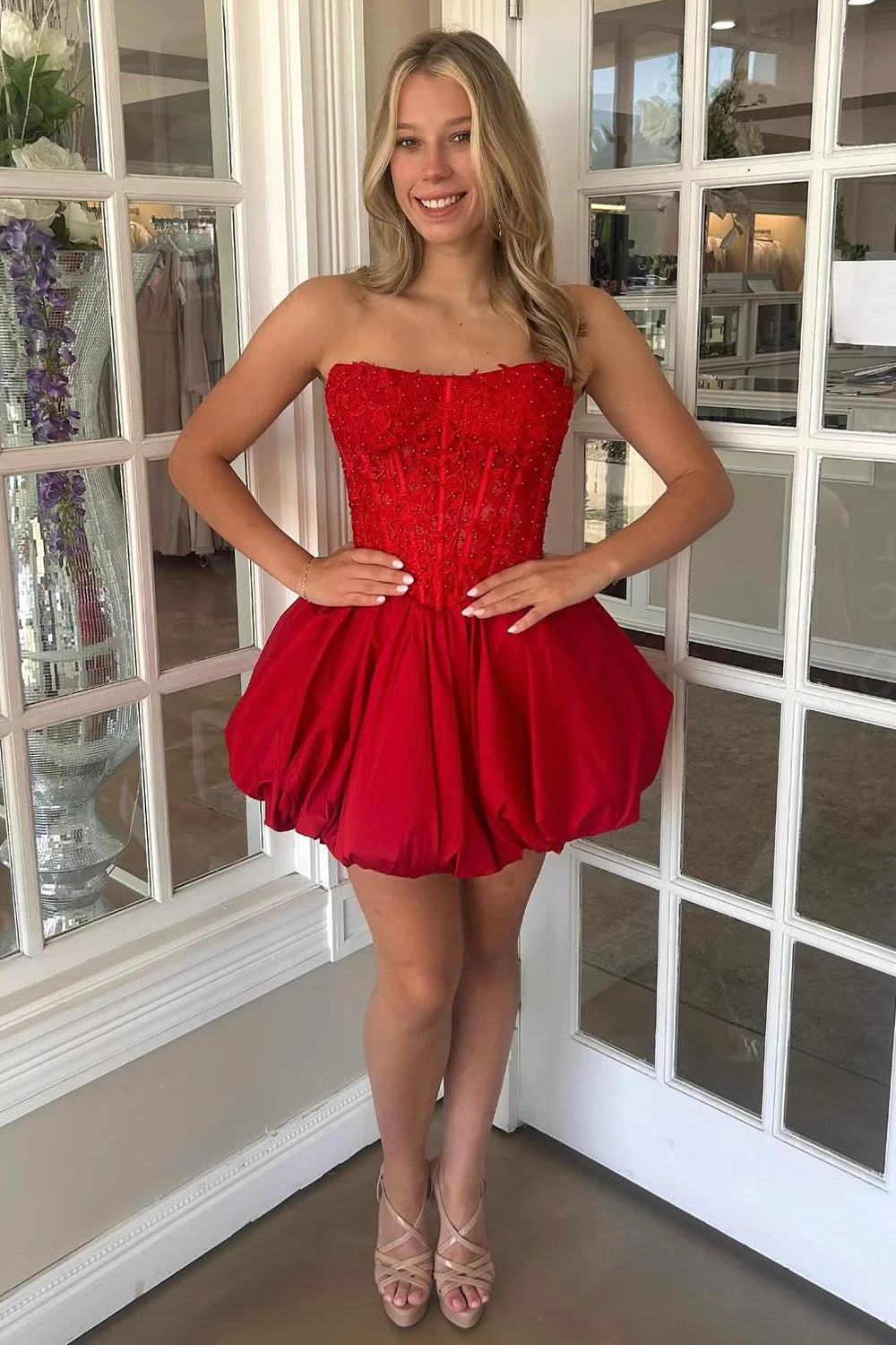 red homecoming dress strapless Red Sequined A-line Strapless Short Homecoming Dresses With Bow, MH660