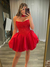 Lace Red Homecoming Dress Strapless Corset Beaded Bubble Hem