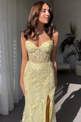 2024 Long Corset Yellow Prom Dresses Mermaid Sweetheart with Appliques