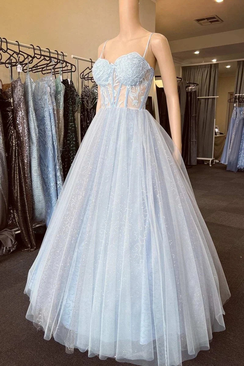 Light Blue Floral Prom Dress