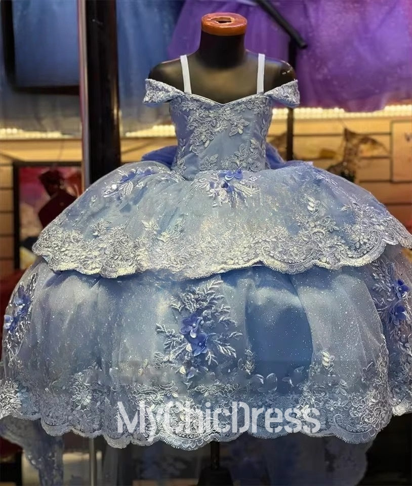 Light Blue Mini Quince Dresses For Little Girl Lace Appliqué Fluffy Tu