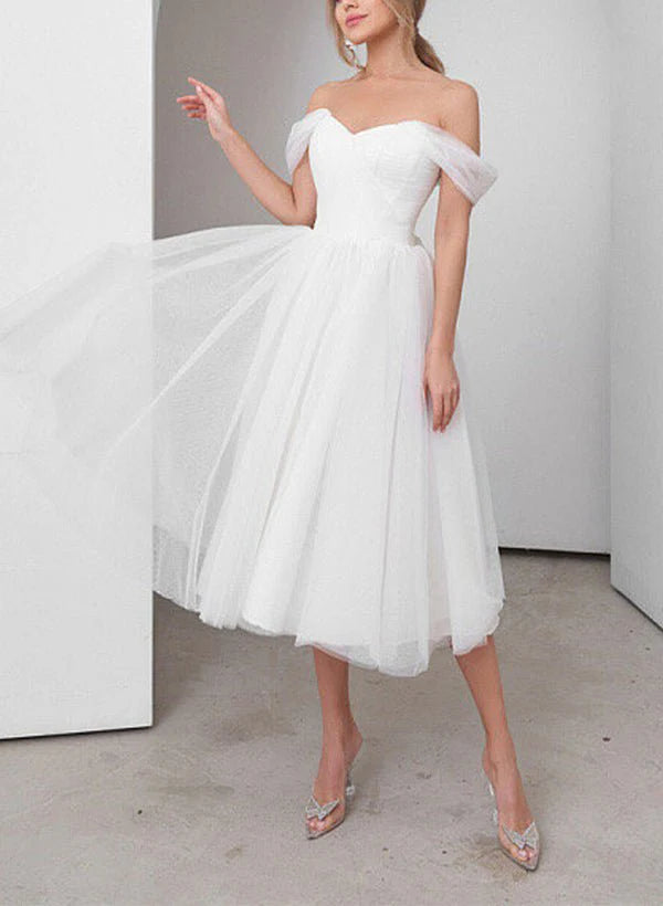 Little White Tulle Beach Wedding Short Dresses Off-The-Shoulder US14 / White Little White Tulle Beach Wedding Short Dresses Off-The-Shoulder US14 / White