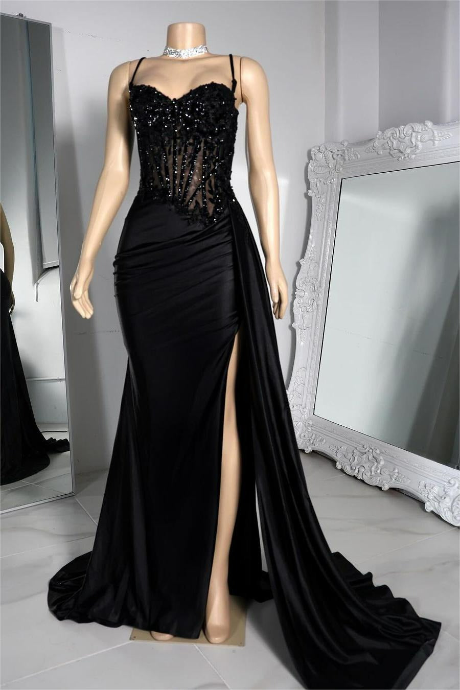 Long Black Evening Dress Sleeveless Pleated Split with Beadings MyChicDress Long Black Evening Dress Sleeveless Pleated Split with Beadings MyChicDress