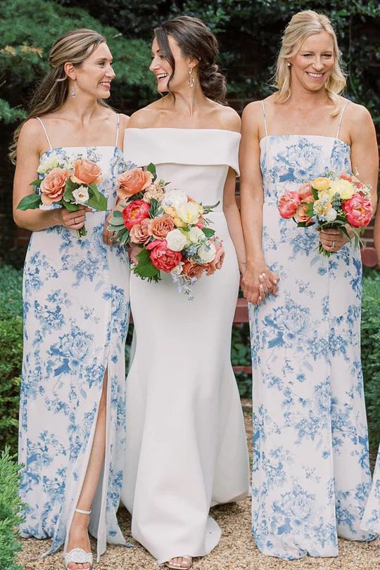 Long Blue Beach Floral Bridesmaid Dress Print Spaghetti Strap with Sli Long Blue Beach Floral Bridesmaid Dress Print Spaghetti Strap with Sli
