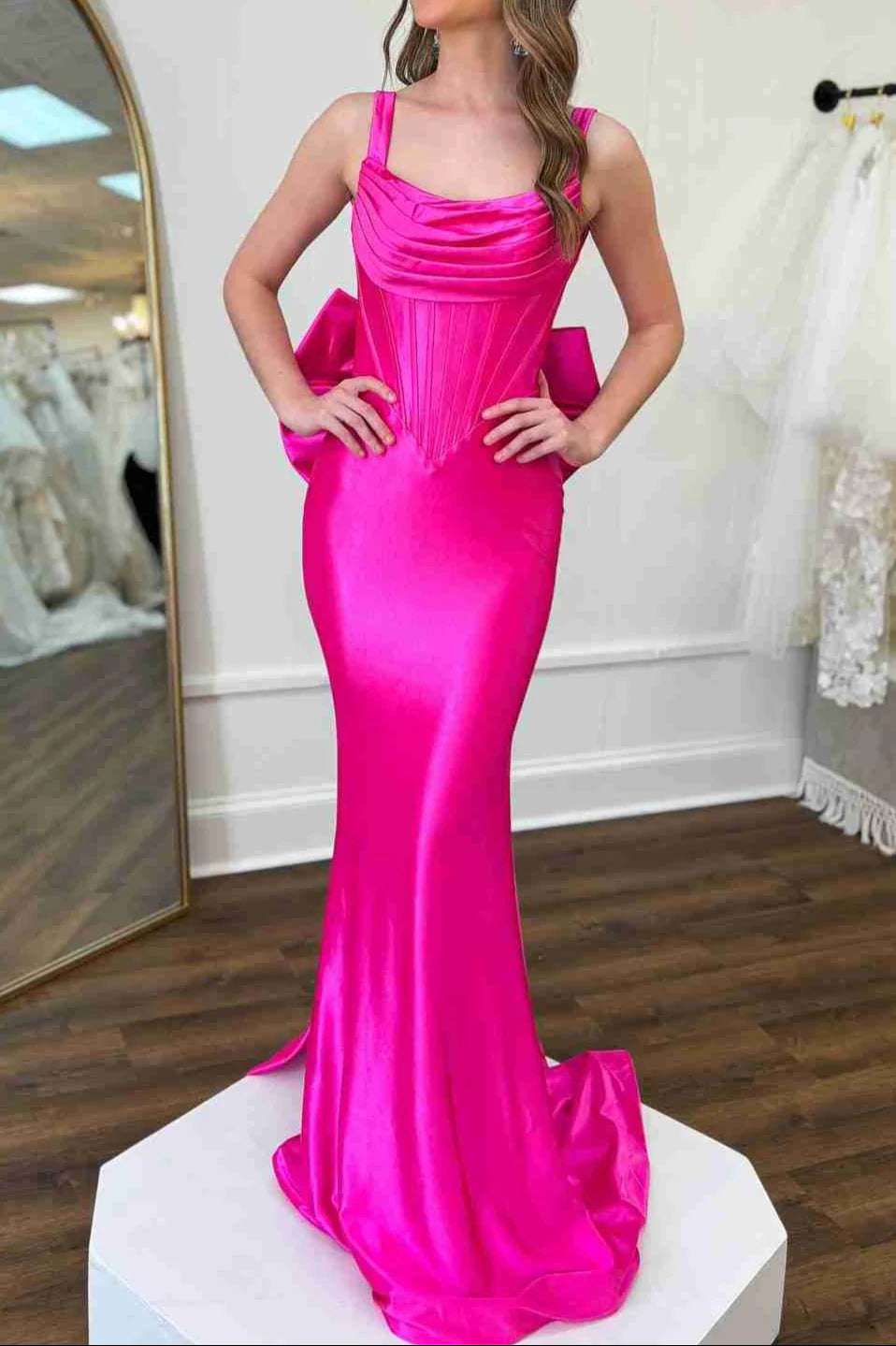 Long Fuchsia Formal Dress Straps Satin Mermaid with Bow MyChicDress Long Fuchsia Formal Dress Straps Satin Mermaid with Bow MyChicDress