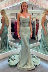 Long Green Formal Dress Mermaid with Lace Spaghetti Straps