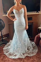 Long Lace Corset Blue Formal Dresses Mermaid Spaghetti Straps Mychicdress