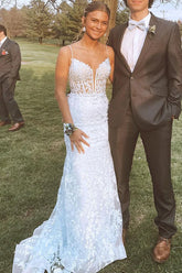 Long Lace Corset White Formal Dresses Mermaid Spaghetti Straps Mychicdress