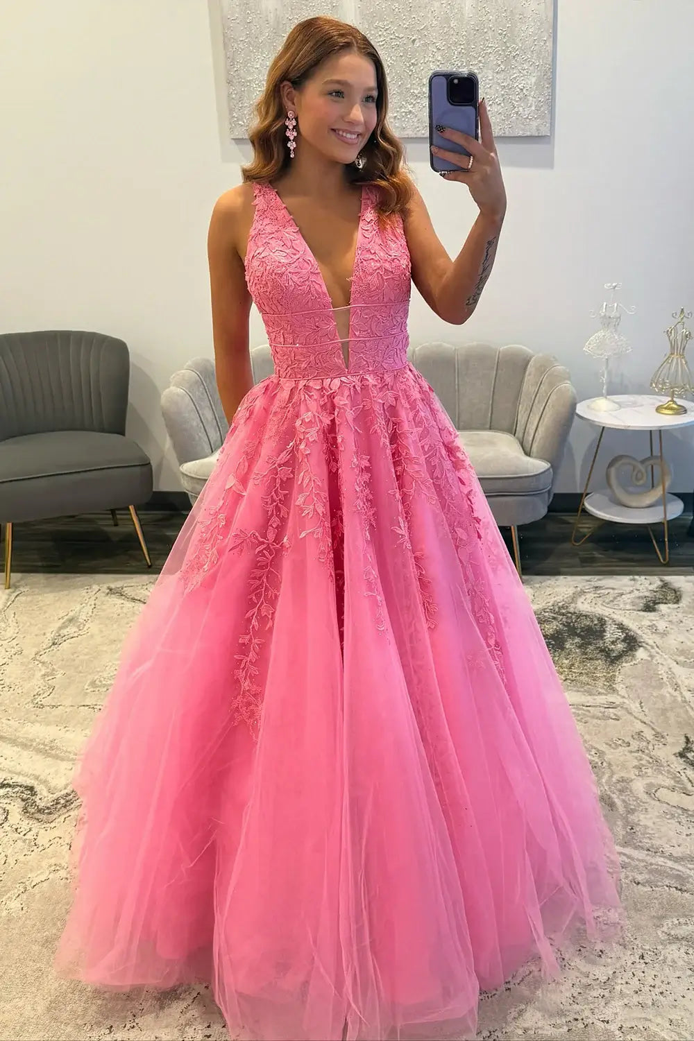 Long Lace Pink 2026 Prom Dresses for Girls V Neck A Line Evening Gowns Custom color / US20W Long Lace Pink 2026 Prom Dresses for Girls V Neck A Line Evening Gowns Custom color / US20W