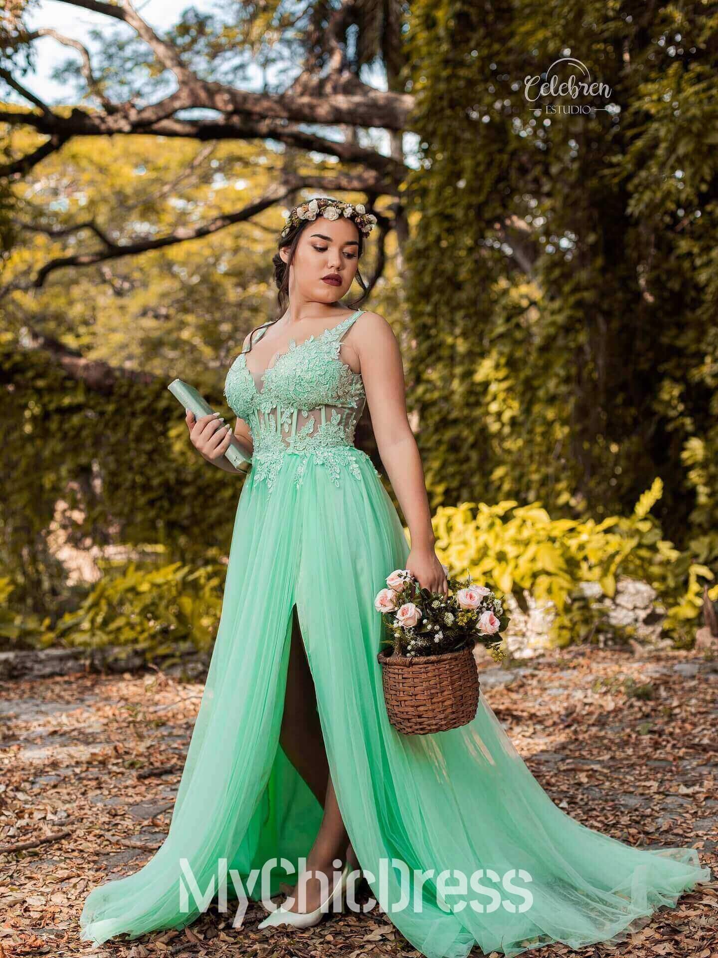 Long Mint Green Lace Prom Dresses A Line Corset Sweet 16 Dress Mint Green / US2