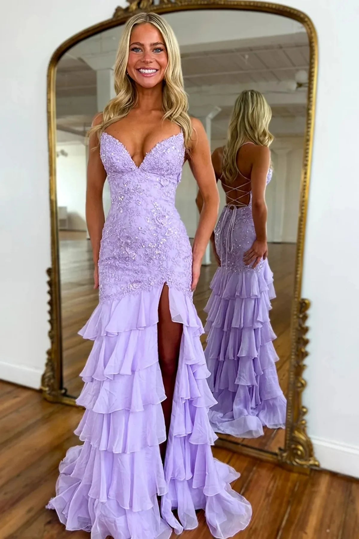 Long Purple Mermaid Lace Formal Dress Lilac V Neck Backless Lilac / Custom Size Long Purple Mermaid Lace Formal Dress Lilac V Neck Backless Lilac / Custom Size