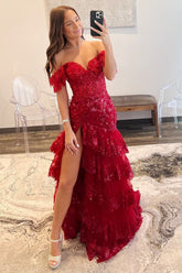 Long Red Lace Sequins Tiered Prom Dress Off the Shoulder