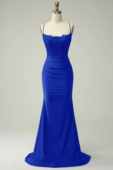 Long Royal Blue Prom Dress Mermaid Evening Gown with Beaded Appliques