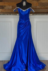 Long Royal Blue Formal Dress Satin Off the Shoulder with Beaded Neck