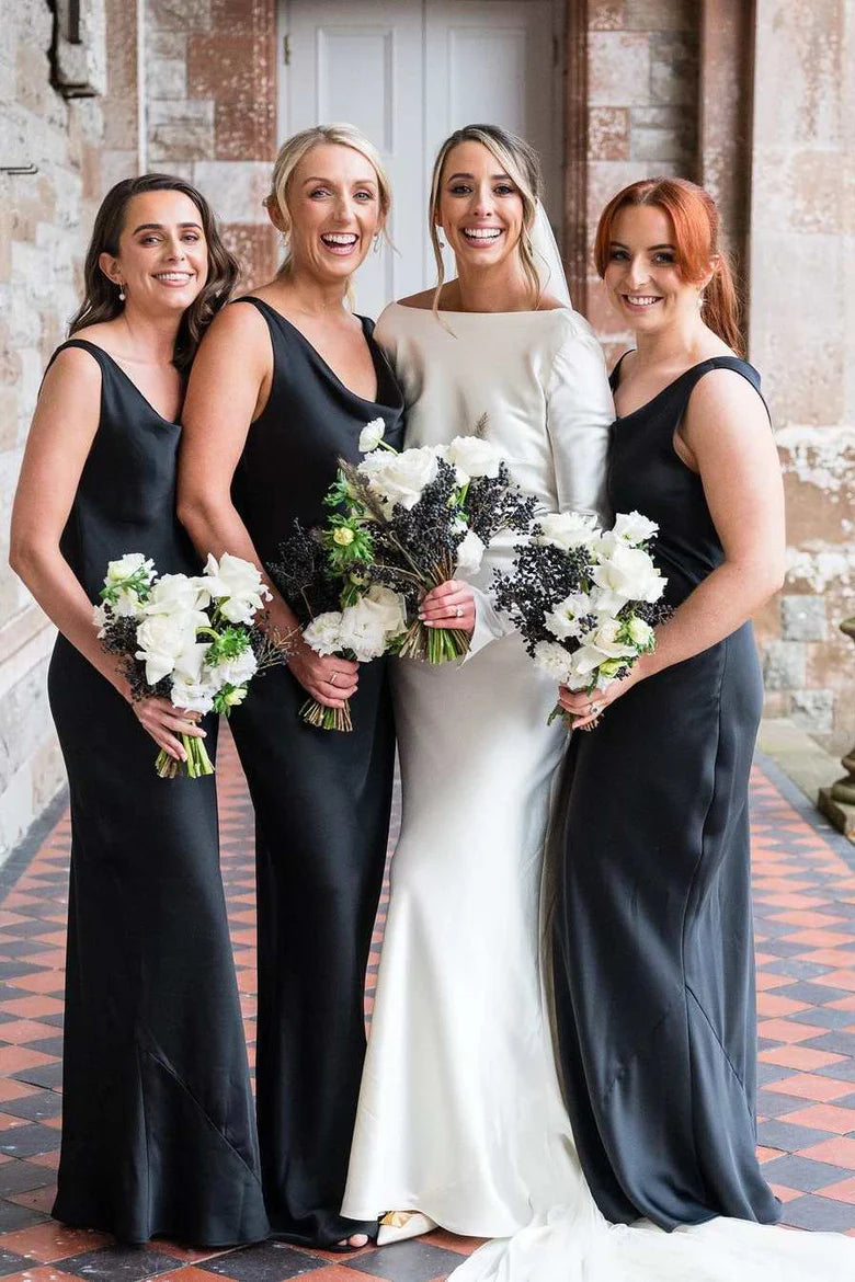 Long Satin Beach Bridesmaid Dress Black Straps Sleeveless Cowl Neck US0 / Black Long Satin Beach Bridesmaid Dress Black Straps Sleeveless Cowl Neck US0 / Black