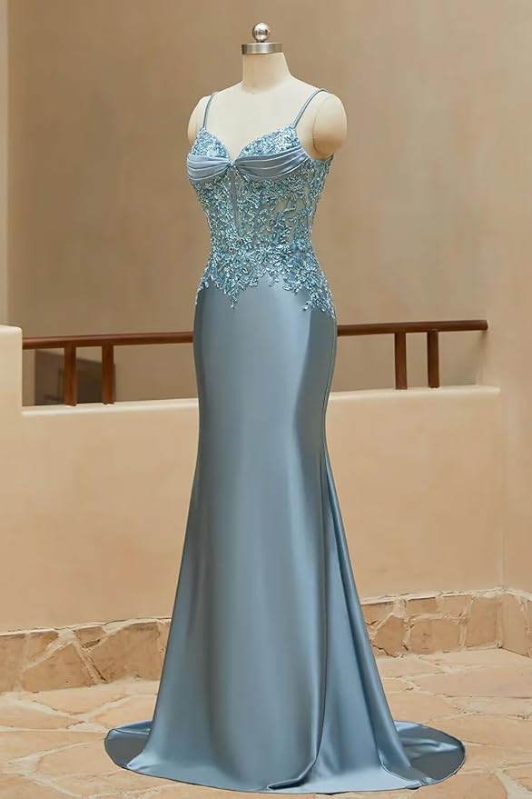Long Silk Satin Mermaid Lace Beaded Prom Dresses for Women MyChicDress Long Silk Satin Mermaid Lace Beaded Prom Dresses for Women MyChicDress
