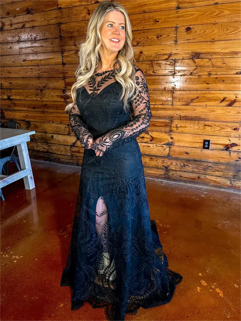 Long Sleeve Boho Black Wedding Dress Lace with Nude Lining Black / US14W Long Sleeve Boho Black Wedding Dress Lace with Nude Lining Black / US14W