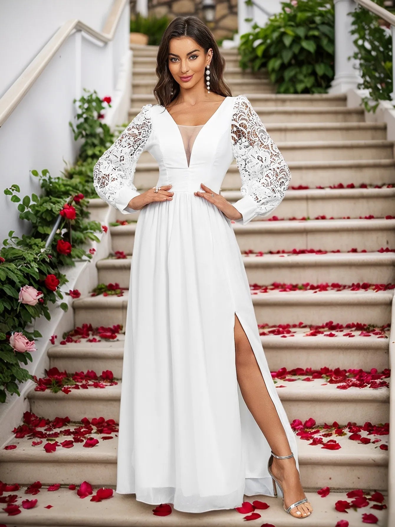 Long Sleeve Wedding Guest Dress White Chiffon Evening Dresses Backless White / US0 Long Sleeve Wedding Guest Dress White Chiffon Evening Dresses Backless White / US0