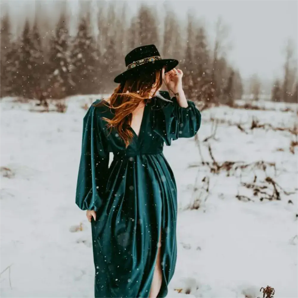 Long Sleeves Emerald Green Velvet Maternity Dress for PhotoShoot Emerald Green / US10 Long Sleeves Emerald Green Velvet Maternity Dress for PhotoShoot Emerald Green / US10