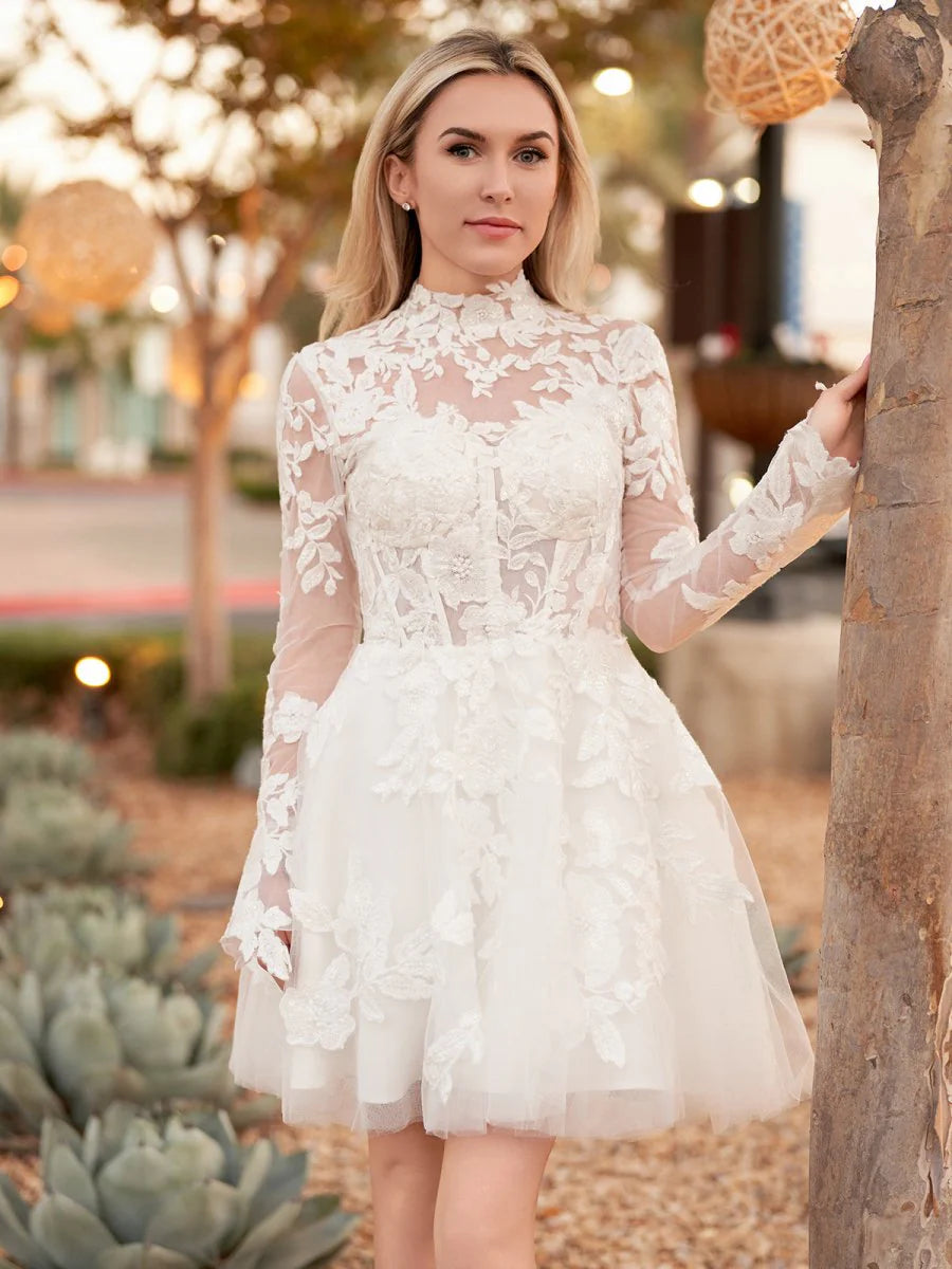 Long Sleeves Short White Lace Wedding Dresses A-Line Illusion Neck White / US16 Long Sleeves Short White Lace Wedding Dresses A-Line Illusion Neck White / US16