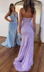 2024 Long Lace Prom Dress Violet purple Halter Evening Gown Fitted Slit