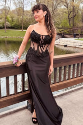 Mermaid Strapless Corset Prom Dress For Black Girls Bateau Sheer Empire