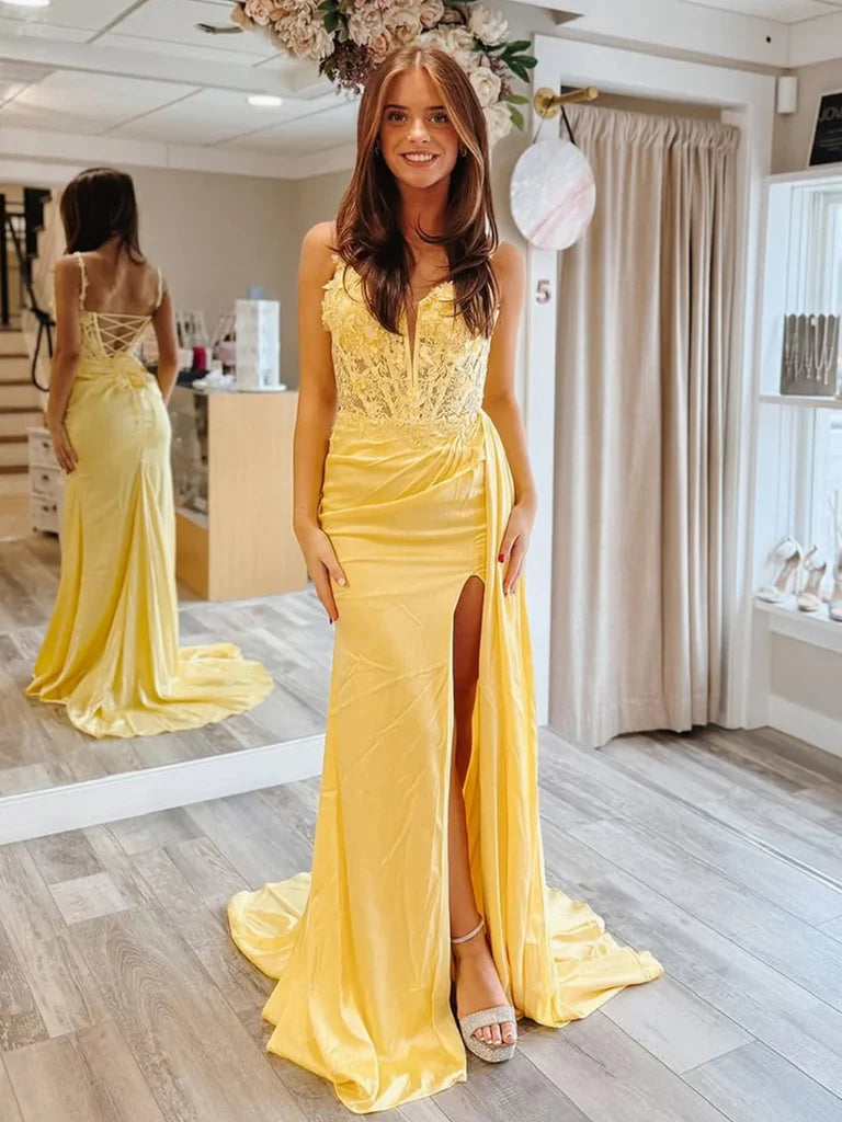 Mermaid Yellow Lace Formal Dress V Neck Long Evening Dresses Yellow / US18W Mermaid Yellow Lace Formal Dress V Neck Long Evening Dresses Yellow / US18W