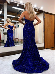 Long Red Sequins Prom Dresses Mermaid Strapless Formal Dress