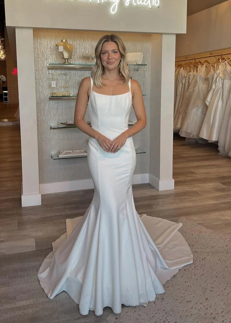 Minimalist Satin Wedding Dresses Backless Mermaid Scoop Neck US16W / Ivory Minimalist Satin Wedding Dresses Backless Mermaid Scoop Neck US16W / Ivory