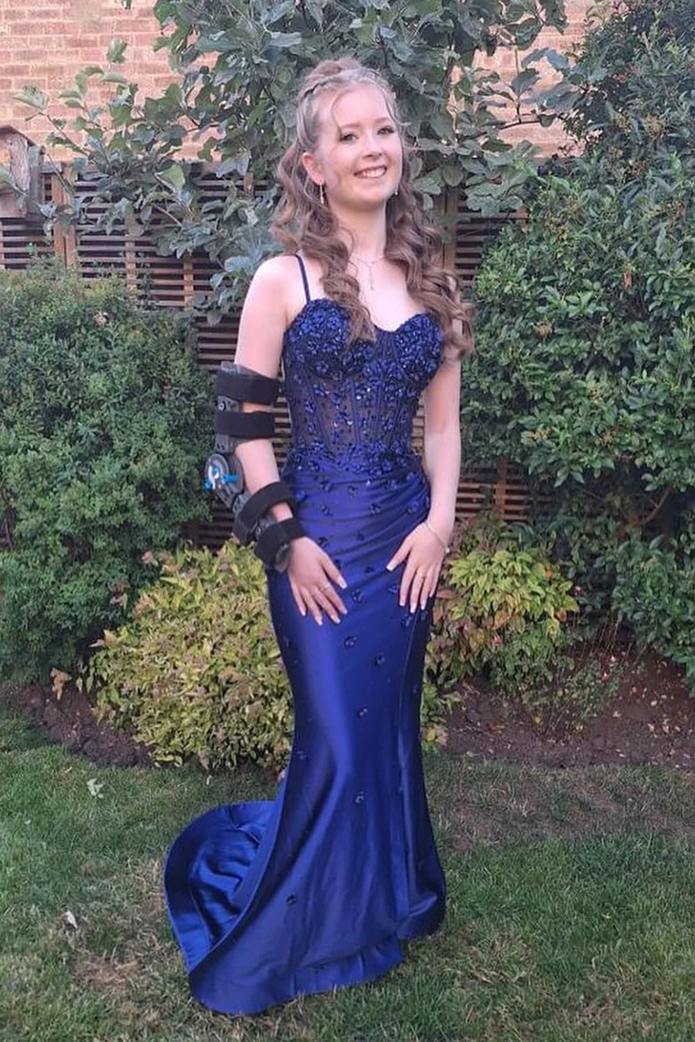 Navy Blue Corset Pleated Prom Dress Appliques with Flowers Custom Color / US22W