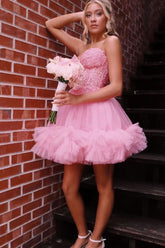 New A Line Lace Pink Homecoming Dresses with Ruffles Sweetheart