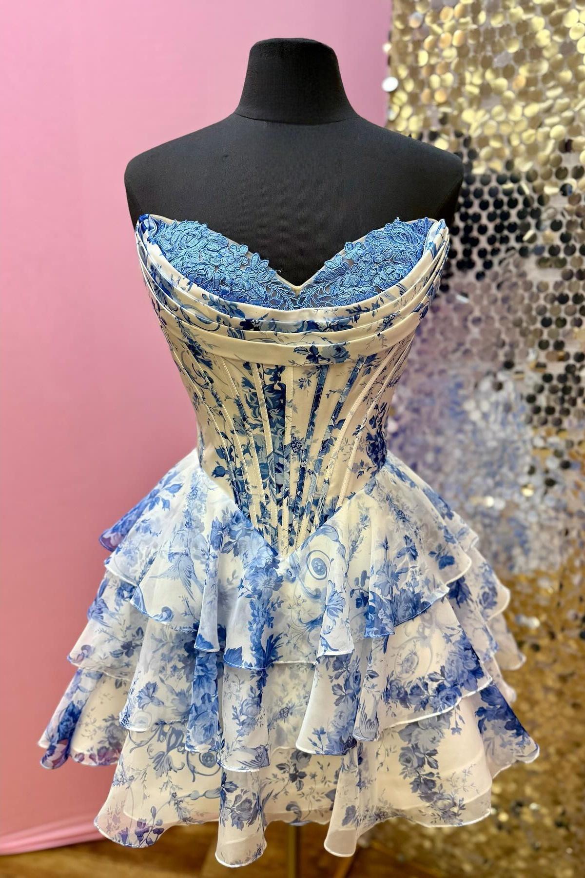 New Design Floral Print Corset Homecoming Dress Royal Blue Short Ruffl MyChicDress New Design Floral Print Corset Homecoming Dress Royal Blue Short Ruffl MyChicDress