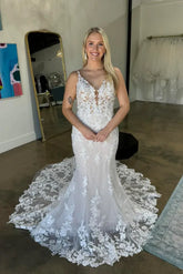 New Lace Wedding Dresses Mermaid V Neck Bridal Wear Backless
