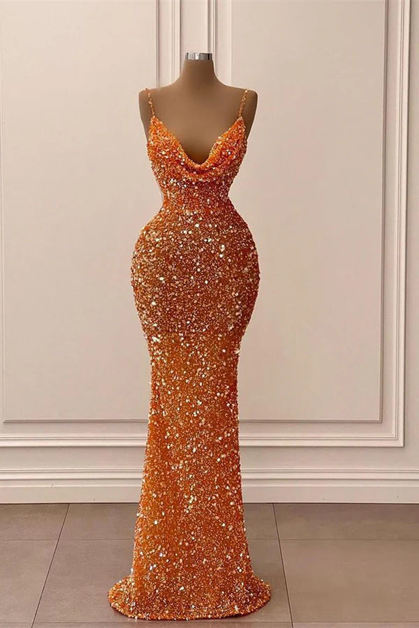 orange sequin mermaid prom dress Orange Mermaid Sequins Spaghetti Straps Sleeveless Floor-Length Prom Dresses
